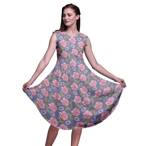 Bimba Purple Carnation & Daisy Floral Printed Ladies Sleeveless Round Neck Summer Dress Casual Wear-X-Large