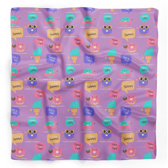Bimba Purple Donut & Text Printed Pure Silk Scarf For Hair Neck Head Bandanas For Women 40 x 80 Inches