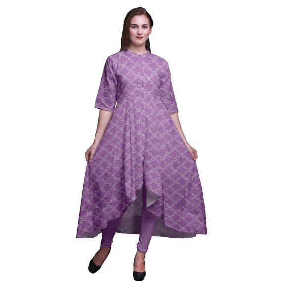 Bimba Purple Dots & Circle Geometric Printed Anarkali Dress For Women Mandarin Collar Indian Kurtis For Women Party Wear-XX-Large
