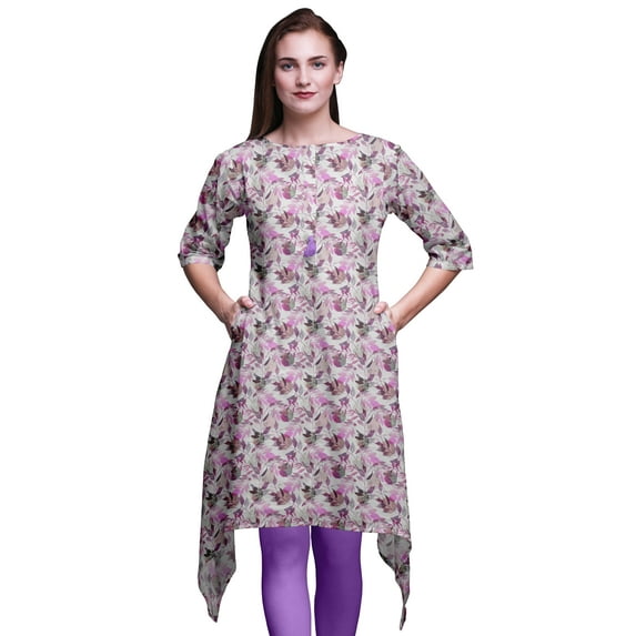 Bimba Purple Leaves Leaves Asymmetric Kurta Indian Tunic Tops For Women Printed Indian Clothing Large