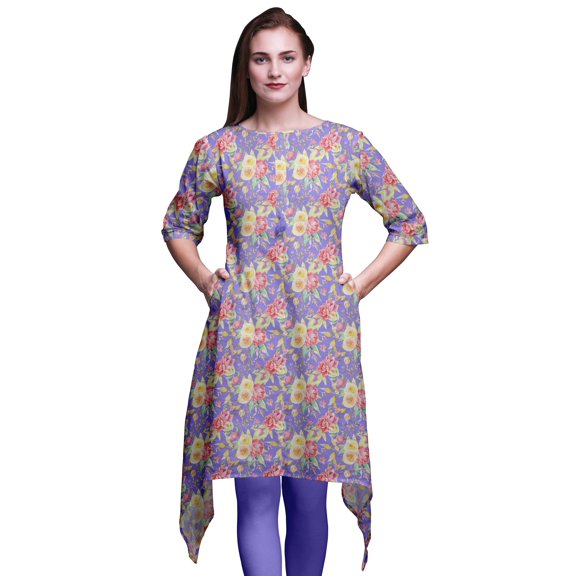 Bimba Purple Leaves & Ranunculus Floral Printed Asymmetrical Kurti Tops For Women Indian Summer Dress Tunic Large