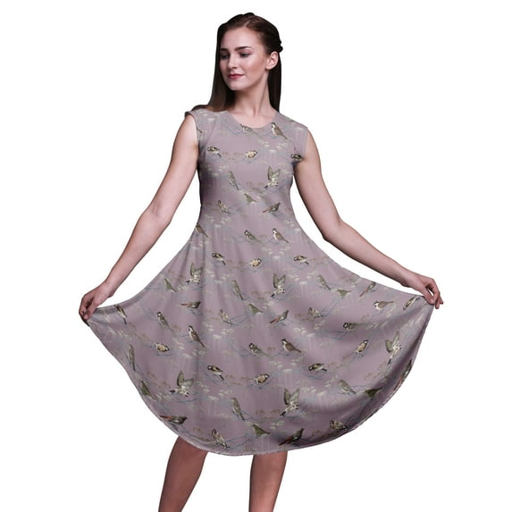 Bimba Purple Sparrow & Goldfinch Bird Women Knee Length Sleeveless Casual Summer Sun Tank Dress-Large