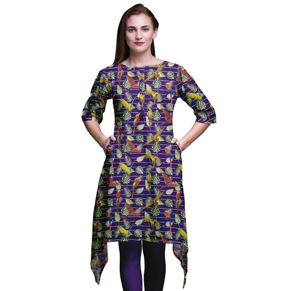Bimba Purple Tropical Leaves & Bird Asymmetric Kurta Indian Tunic Tops For Women Printed Indian Clothing X-Large
