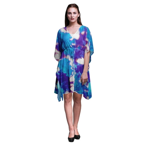 Bimba Purplish Blue Tie-Dye Ombre Ladies Kaftan Holiday Loungewear Midi Dress Beach Coverup-S-L