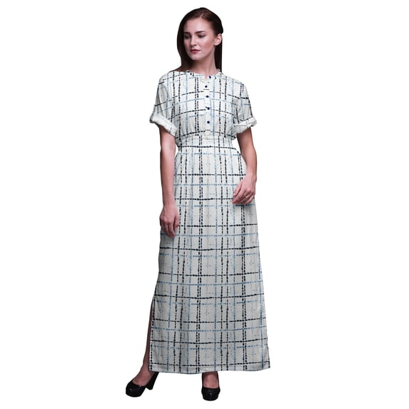 Bimba Rayon Check Shibori Printed Women’s Long Maxi Dress Gown With Side Slit-X-Large
