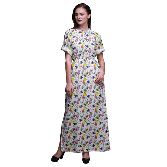 Bimba Rayon Circle & Triangle Geometric Ladies Long Gown Boho Beach Cocktail Party Maxi Slit Dress-Large