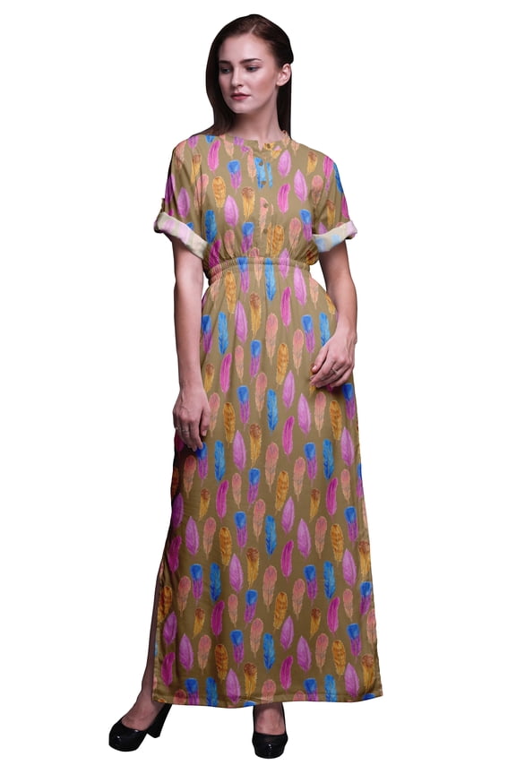 Rayon Colorful Feather Womens Printed Side Slit Summer Dress Long Maxi Gown-XXX-Large