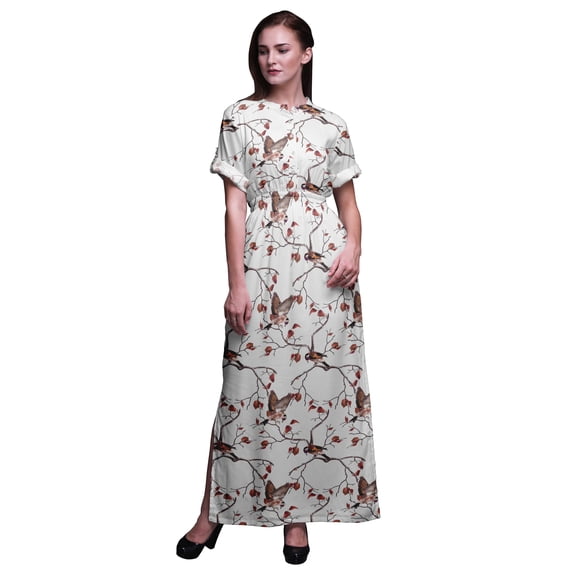 Bimba Rayon Dry Leaves & American Goldfinch Bird Womens Printed Side Slit SummerÂ DressÂ Long Maxi Gown-XXX-Large