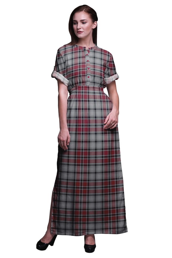 Rayon Gingham Check Printed Women’s Long Maxi Dress Gown With Side Slit-Medium