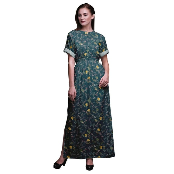 Bimba Rayon Leaf Floral Ladies Long Gown Boho Beach Cocktail Party Maxi Slit Dress-Large
