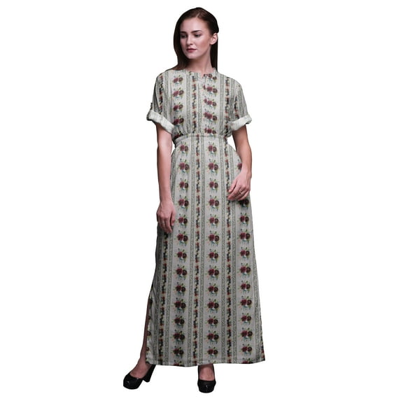 Bimba Rayon Leaves & Floral Women s Printed Side Slit Summer Dress Long Maxi Gown-XXX-Large