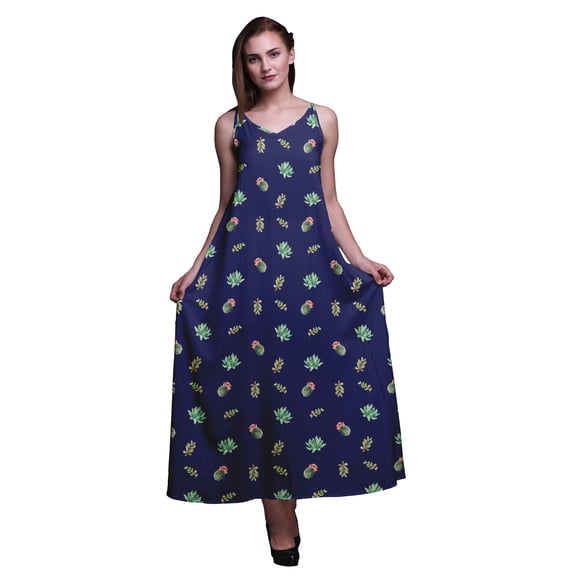 Bimba Rayon Leaves Ladies Printed Backless Spaghetti Strap Long Maxi Evening Party Dress-Small