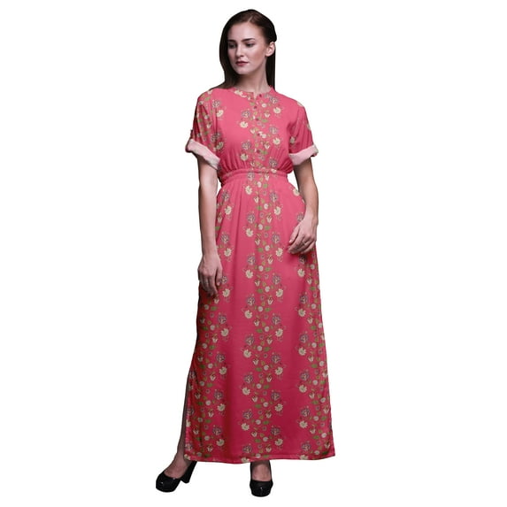 Bimba Rayon Leaves & Magnolia Floral Printed Women’s Long Maxi Dress Gown With Side Slit-X-Large