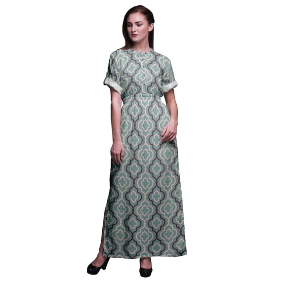 Bimba Rayon Quarterfoil Geometric Ladies Long Gown Boho Beach Cocktail Party Maxi Slit Dress-Large