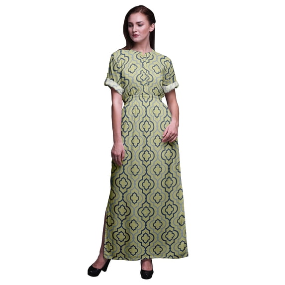 Bimba Rayon Quarterfoil Geometric Smocked Waist Printed Gown Maxi Side Slit Ladies Dress-Large
