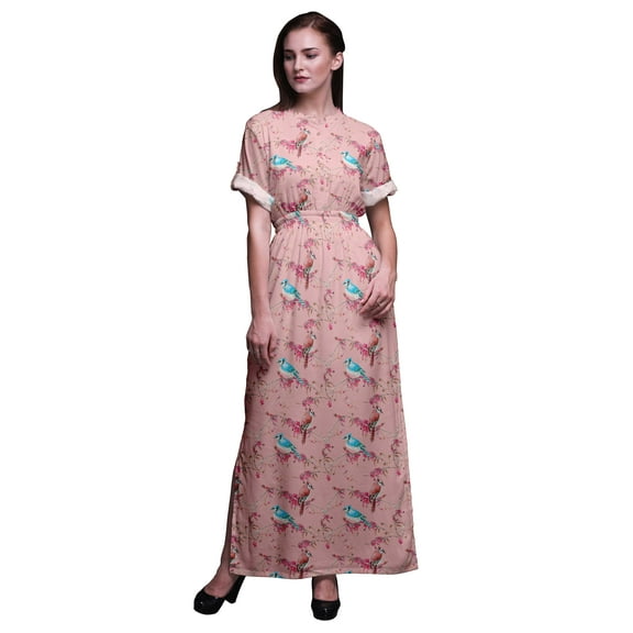 Bimba Rayon Red Berries & Bulbul Bird Printed Womenâ€™s Long MaxiÂ DressÂ Gown With Side Slit-Large