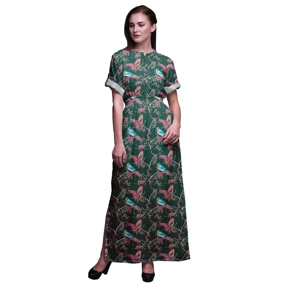 Bimba Rayon Red Berries & Bulbul Bird Printed Womenâ€™s Long MaxiÂ DressÂ Gown With Side Slit-XXX-Large