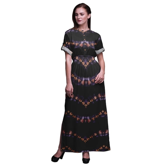 Bimba Rayon Shibori Tie-Dye Ladies Long Gown Boho Beach Cocktail Party Maxi Slit Dress-X-Large