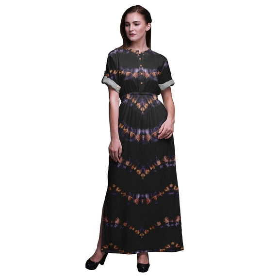 Bimba Rayon Shibori Tie-Dye Smocked Waist Printed Gown Maxi Side Slit Ladies Dress-XSmall