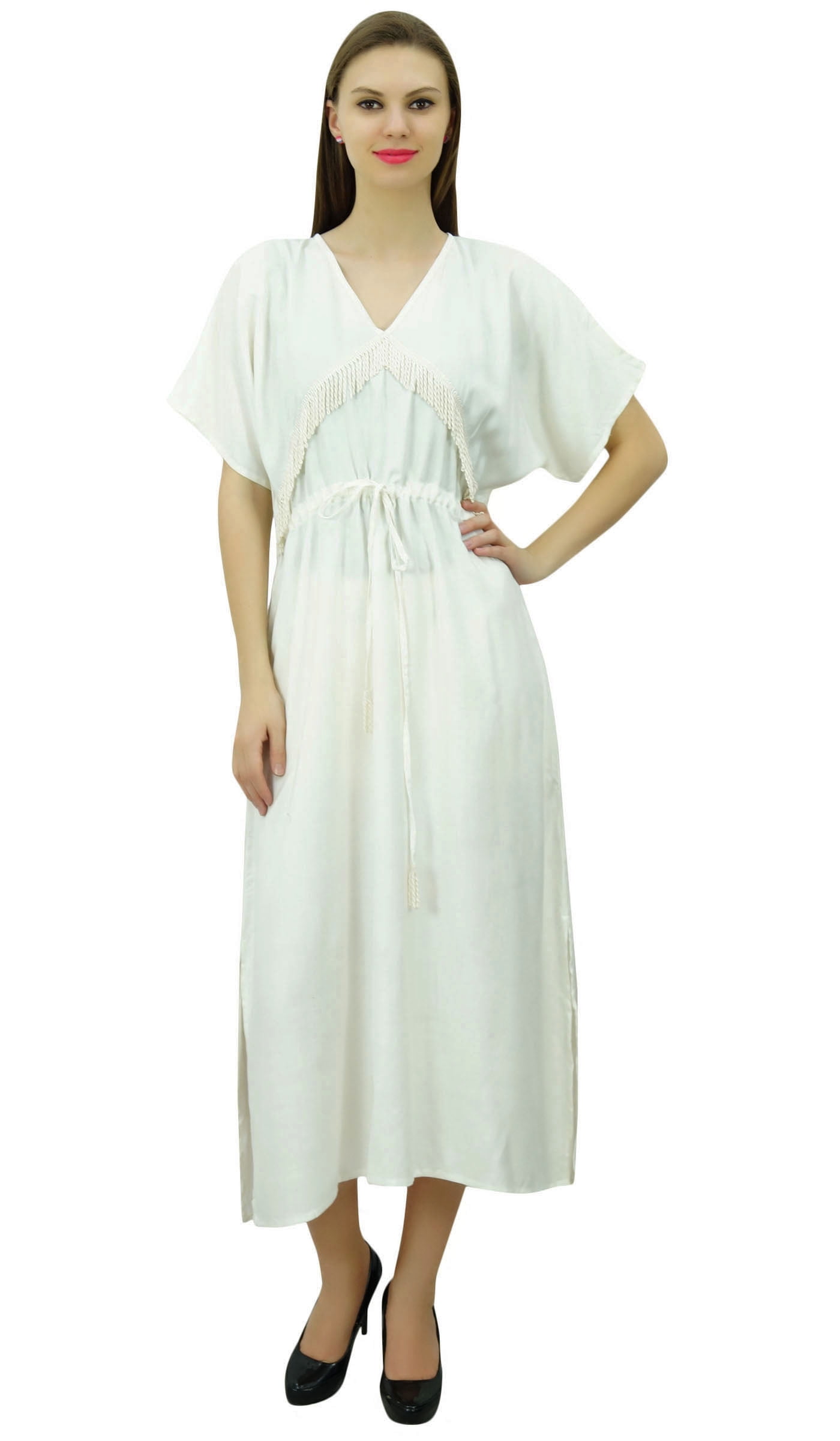 Bimba Rayon Kaftan Dress - Knee Length Kimono Coverup With Frill Sleeves, White - View #3