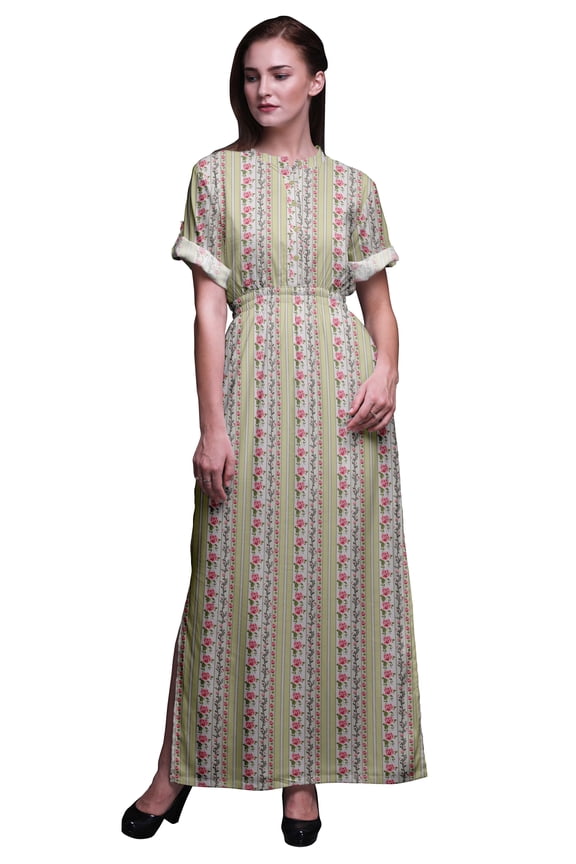 Rayon Stripe,Leaves & Rose Floral Printed Women’s Long Maxi Dress Gown With Side Slit-Large