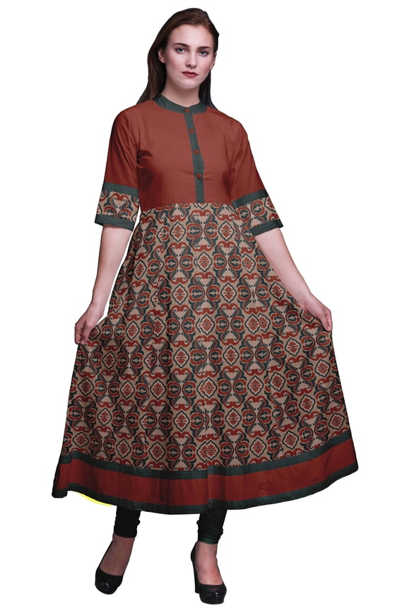 Red Flourish Damask Print Long Flared A Line Indian Kurtis For Women Party Wear Anarkali Kurta-XSmall