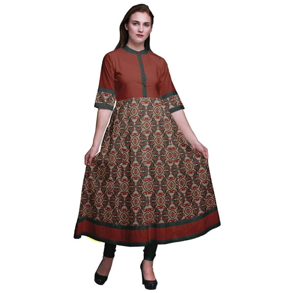 Bimba Red Flourish Damask Printed Anarkali For Women A Line Indian Kurti Classic Tunic Ethnic Kurti-Large