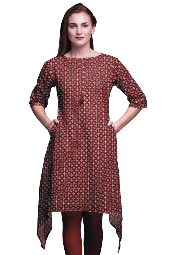 Red Geometric Ikat Printed Asymmetrical Kurti Tops For Women Indian Summer Dress Tunic Medium