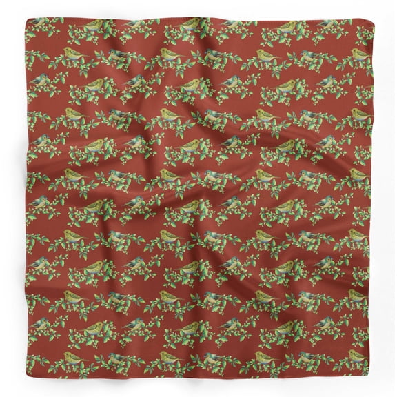 Bimba Red Leaves & Flowerpecker Bird Pure Silk Printed Scarf Dupatta Head Neck Wrap Bandanas For Women 40 x 80 Inches