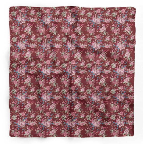Bimba Red Leaves,Rose & German Primrose Floral Printed Pure Silk Scarf For Hair Neck Head Bandanas For Women 40 x 80 Inches