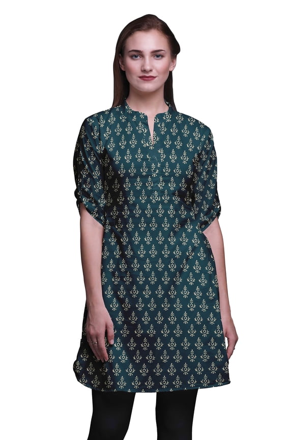 Roll Up Sleeve Kurti For Women Printed Mandarin Collar Short Kurti Tops