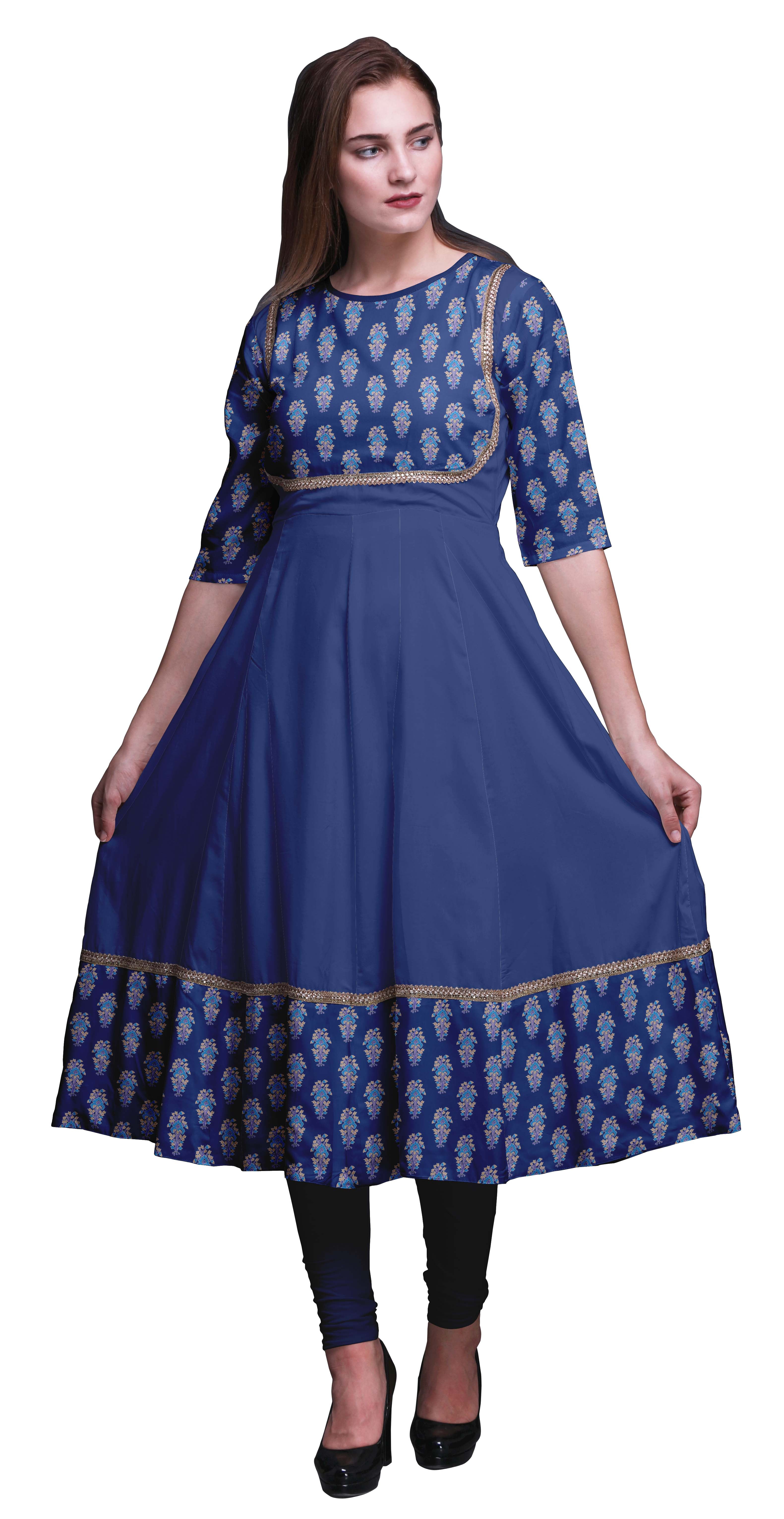 Bimba Royal Blue Block Floral Anarkali Dress Long Indian Ethnic Wear For  Women Maxi Kurta Ethnic Kurti Small - Walmart.com