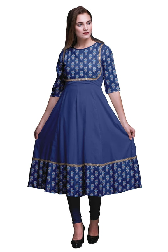 Royal Blue Block Floral Indian Ethnic Wear For Women Indian Kurtis Long Anarkali Kurta XXX-Large