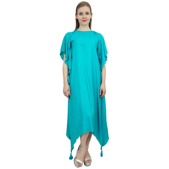 Bimba Sea Blue Short Sleeves Women's Casual Asymmetrical Hem Dress With Scarf - 20