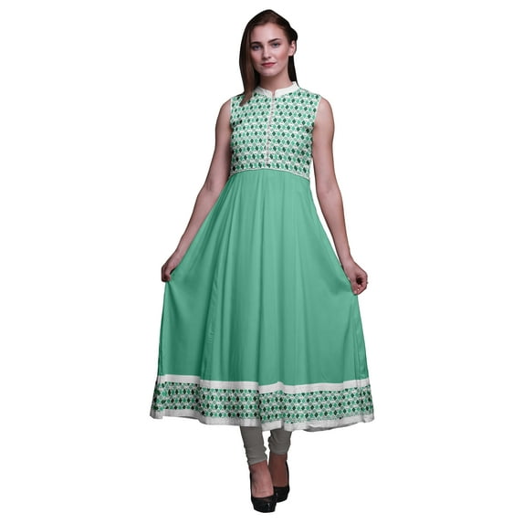 Bimba Sea Green Geometric Anarkali Dress Mandarin Collar Sleeveless Kurtis for Women Print Maxi Dress XX-Large