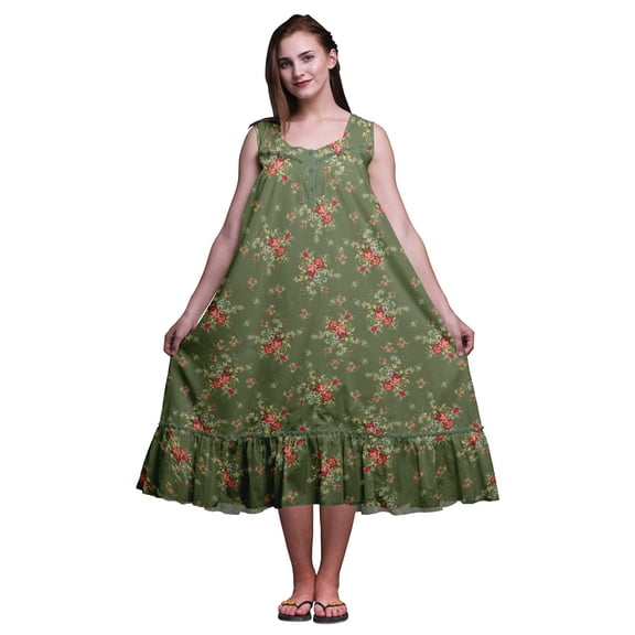 Bimba Seaweed Green Floral Leaves,Rose & Miosotis Mid Calf Nightwear Ladies Cotton Printed Sleeveless Night Gown Maxi Dress XXX-Large