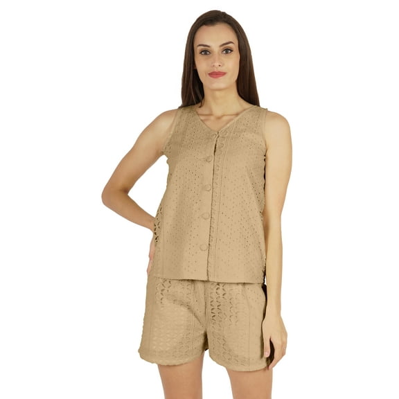 Bimba Sexy Schiffli Nightwear Set For Womens 2 Pcs Summer V-Neck Sleeveless Loungewear