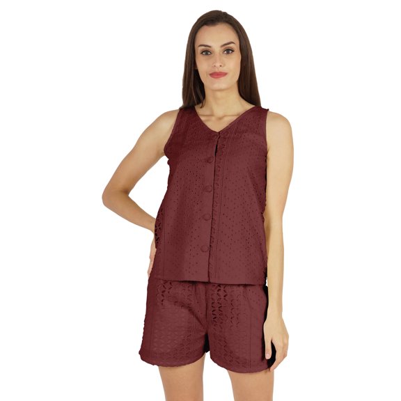 Bimba Sexy Schiffli Nightwear Set For Womens 2 Pcs Summer V-Neck Sleeveless Loungewear