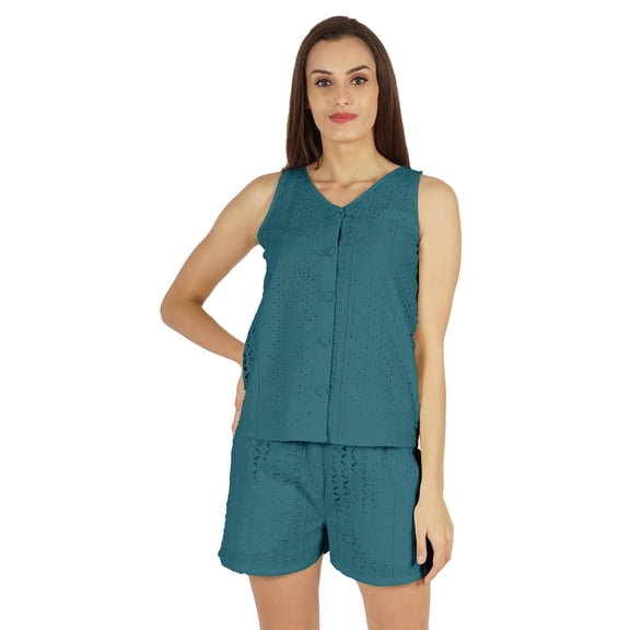 Bimba Sexy Schiffli Nightwear Set For Womens 2 Pcs Summer V-Neck Sleeveless Loungewear