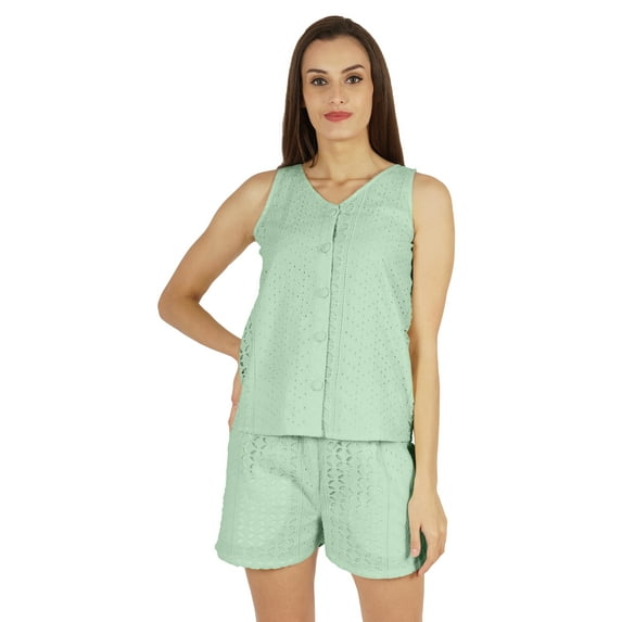 Bimba Sexy Schiffli Nightwear Set For Womens 2 Pcs Summer V-Neck Sleeveless Loungewear