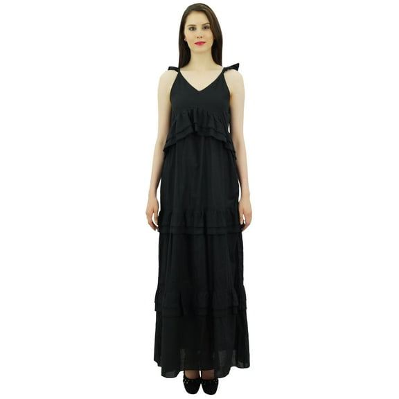 Bimba Sexy Summer Spaghetti Strap Sundress V-Neck Casual Ruffle Long Maxi Beach Dress