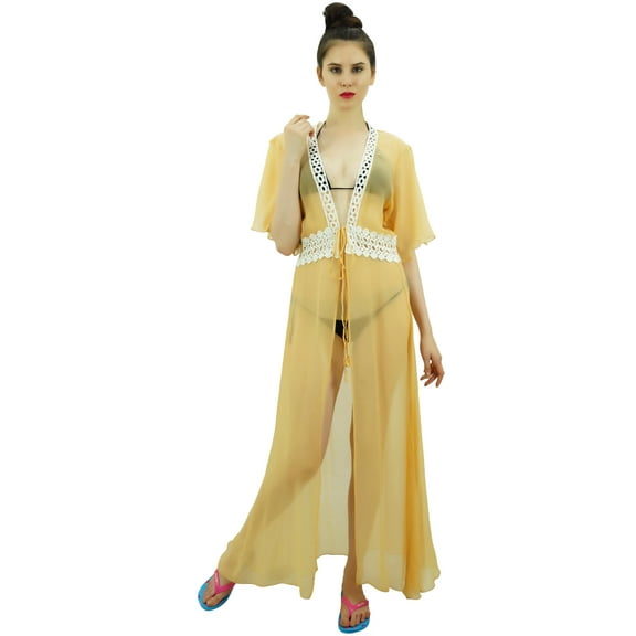 Bimba Sheer Georgette Beach Swim Wear Coverup Maxi Long Shrug Top With Lace