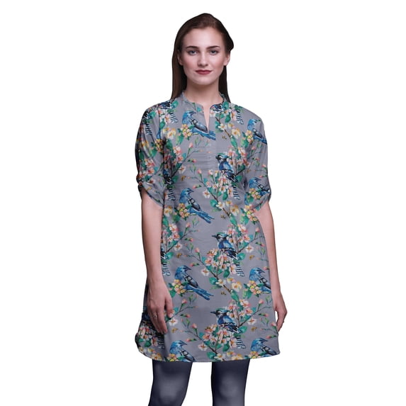 Bimba Short Kurtis For Ladies Printed Mandarin Collar Roll Up Sleeve Dress