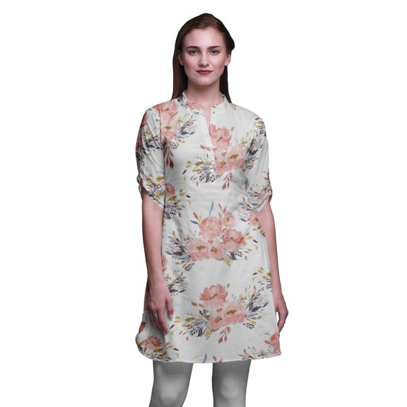 Bimba Short Kurtis For Ladies Printed Mandarin Collar Roll Up Sleeve Dress