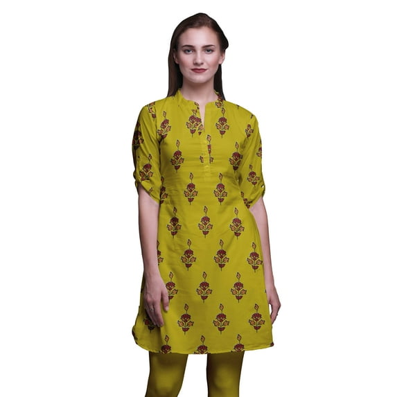 Bimba Short Kurtis For Ladies Printed Mandarin Collar Roll Up Sleeve Dress