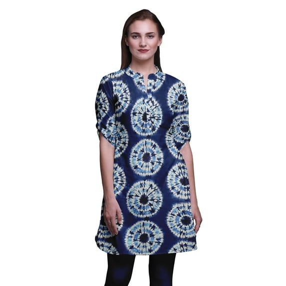 Bimba Short Kurtis For Ladies Printed Mandarin Collar Roll Up Sleeve Dress