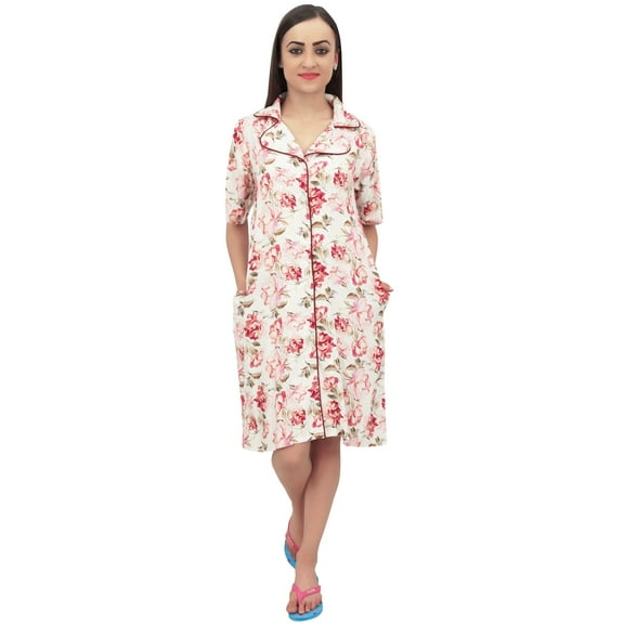 Bimba Short Sleeve Floral Print Off White Sleepshirt Women's Sleepwear Dress - 14
