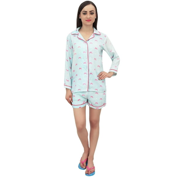 Bimba Sky Blue Gift Ribbon Print Sleepwear Full Sleeve Shirt & Shorts Nightwear - 22