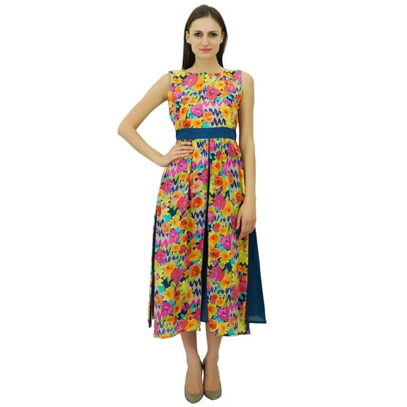 Bimba Sleeveless Apron Dress With Floral Print Cotton Long Mid-Calf Dresses