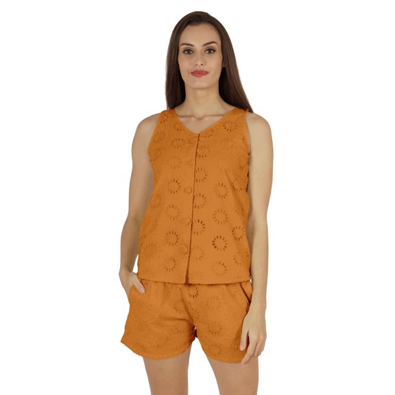 Bimba Solid Schiffli Top And Short Nightwear Set For Womens Casual 2pcs Sexy Lounge Sleepwear